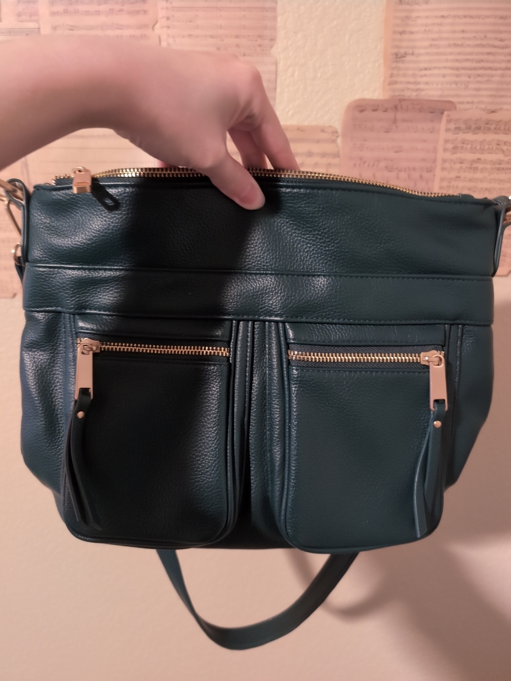 Classic Dark Green Crossbody Handbag with Front Zip Pockets